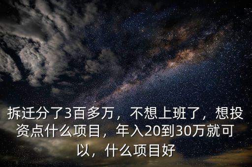 拆遷分了3百多萬，不想上班了，想投資點什么項目，年入20到30萬就可以，什么項目好