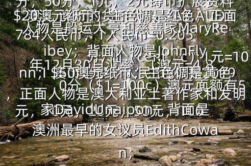 1 澳幣是多少人民幣$根據(jù)2019年12月30日匯率，1澳元=4.8784人民幣，1人民幣=0.205澳元 澳幣的貨幣代碼是A$,AUD，分/仙（cent，c）1元=100分（$1=100c）澳元面額有5元，10元，20元，50元，100元的塑料錢幣另有5分，10分，20分，50分，1元，2元鑄幣擴展資料$20澳元紙幣：主色調(diào)是紅色，正面人物是船運大亨和慈善家MaryReibey；背面人物是JohnFlynn；$50澳元紙幣：主色調(diào)是黃色，正面人物是澳大利亞土著作家和發(fā)明家DavidUnaipon；背面是澳洲最早的女議員EdithCowan；