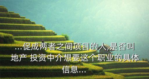 ...促成兩者之間項目的人,是否叫 地產 投資中介想要這個職業的具體信息...